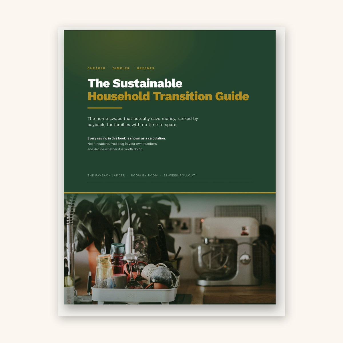 Cover of The Sustainable Household Transition Guide, a 40-page guide to eco swaps ranked by payback