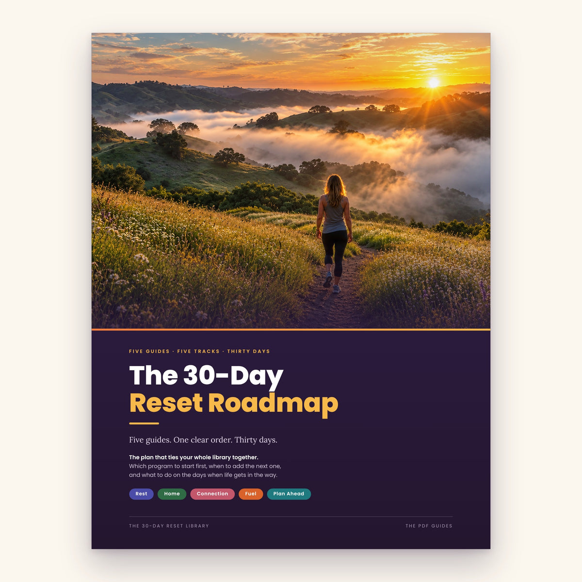The 30-Day Reset Library cover: The 30-Day Reset Roadmap, a woman walking through fields at sunrise