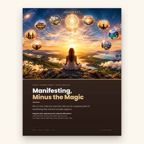 Manifesting, Minus the Magic guide cover: an evidence-based manifestation guide with a printable tool pack