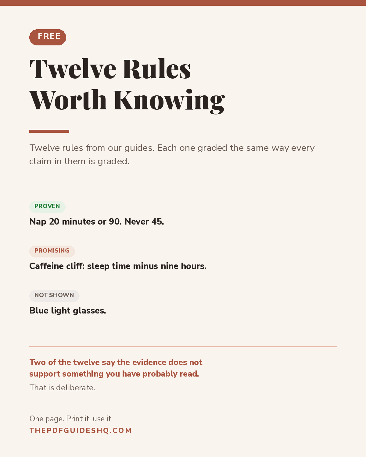 Twelve Rules Worth Knowing, a free one-page card of twelve evidence-graded rules on sleep, food, phones and midlife energy